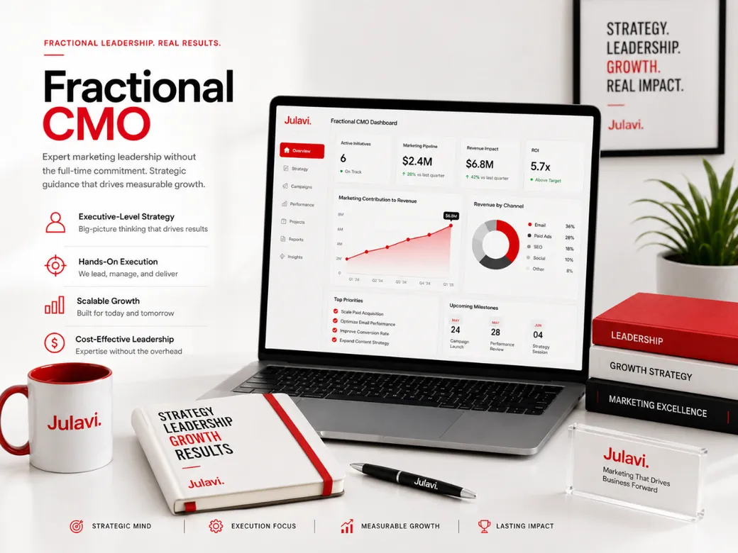 Laptop showing a Fractional CMO Dashboard with active initiatives, marketing pipeline, revenue impact and ROI