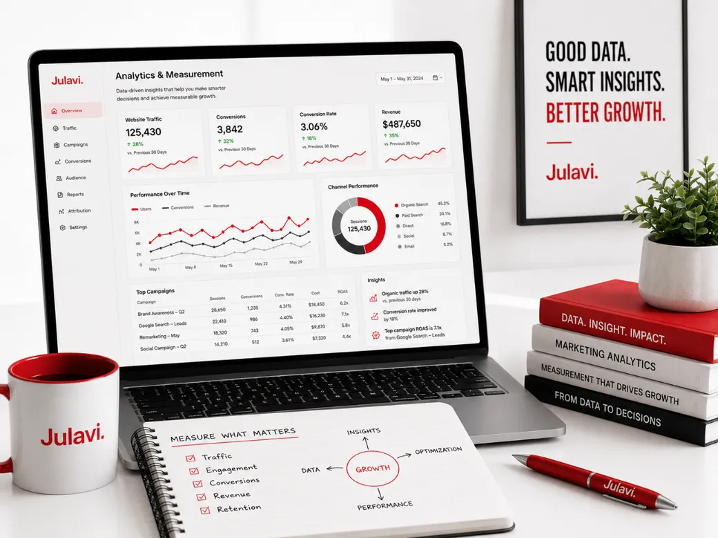 Laptop and tablet showing an Analytics & Measurement dashboard with website traffic, conversions and channel performance