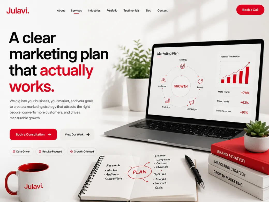 Laptop showing a Marketing Plan diagram with Strategy, Audience, Brand, Campaigns and Analytics, alongside a results chart showing more traffic, leads and revenue