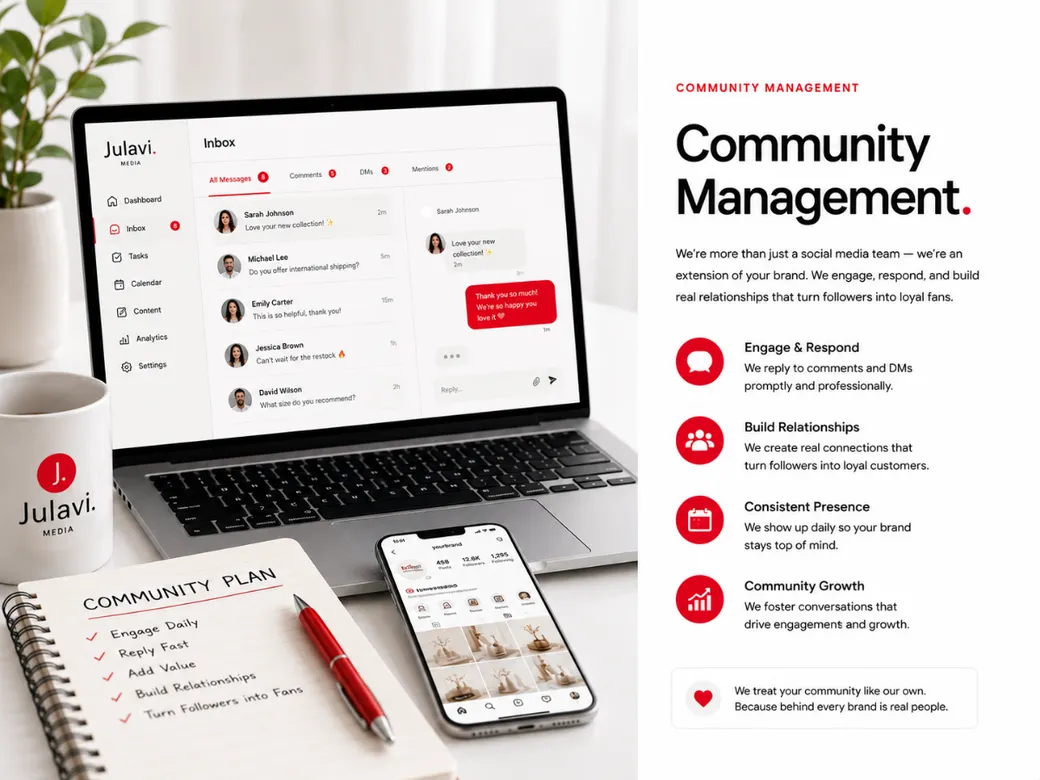 Laptop and phone showing a Community Management inbox with comments and direct messages from followers