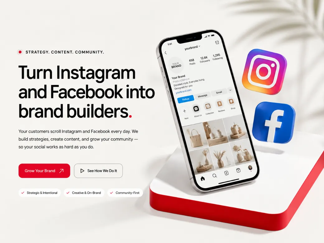 Phone showing an Instagram profile with a product grid, next to the Instagram and Facebook app icons