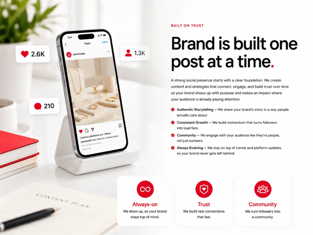 Phone on a stand showing an Instagram post of jewelry with likes and comments, illustrating brand building one post at a time