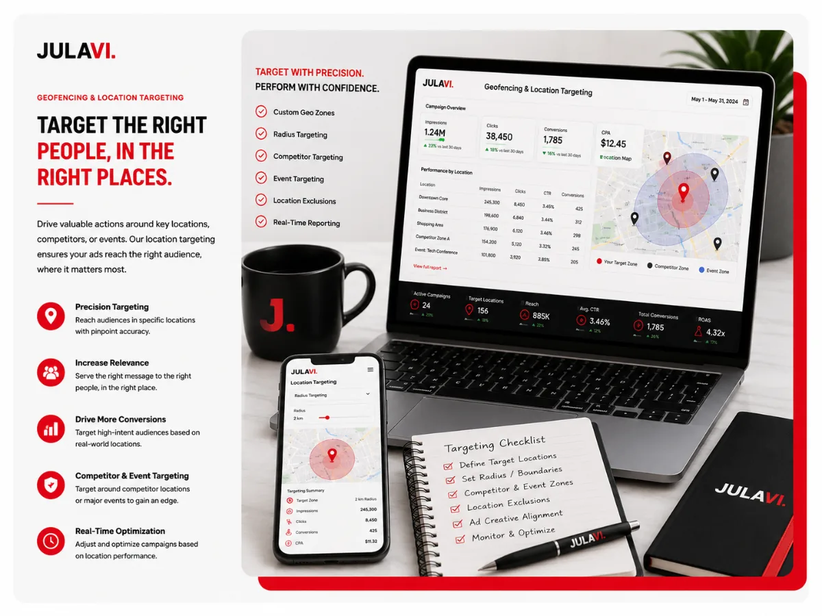 Programmatic ad dashboard showing geofenced campaign targeting on a map