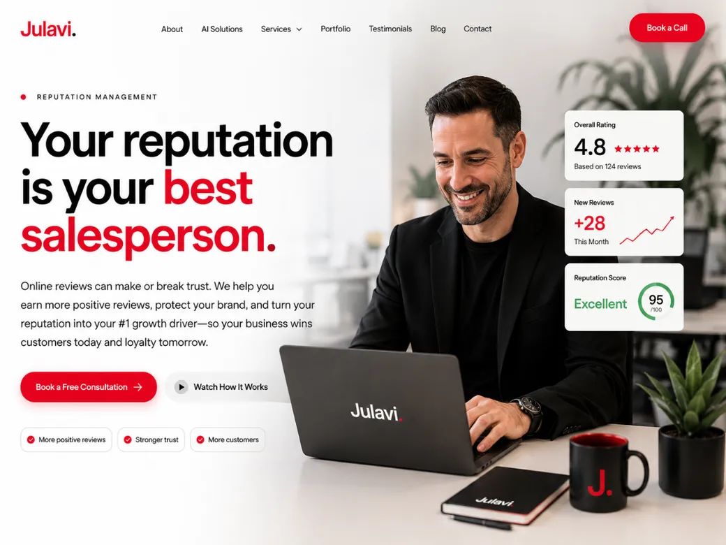 Smiling business owner working on a laptop with Julavi branding, next to floating cards showing a 4.8 star overall rating, +28 new reviews this month, and a 95/100 reputation score.