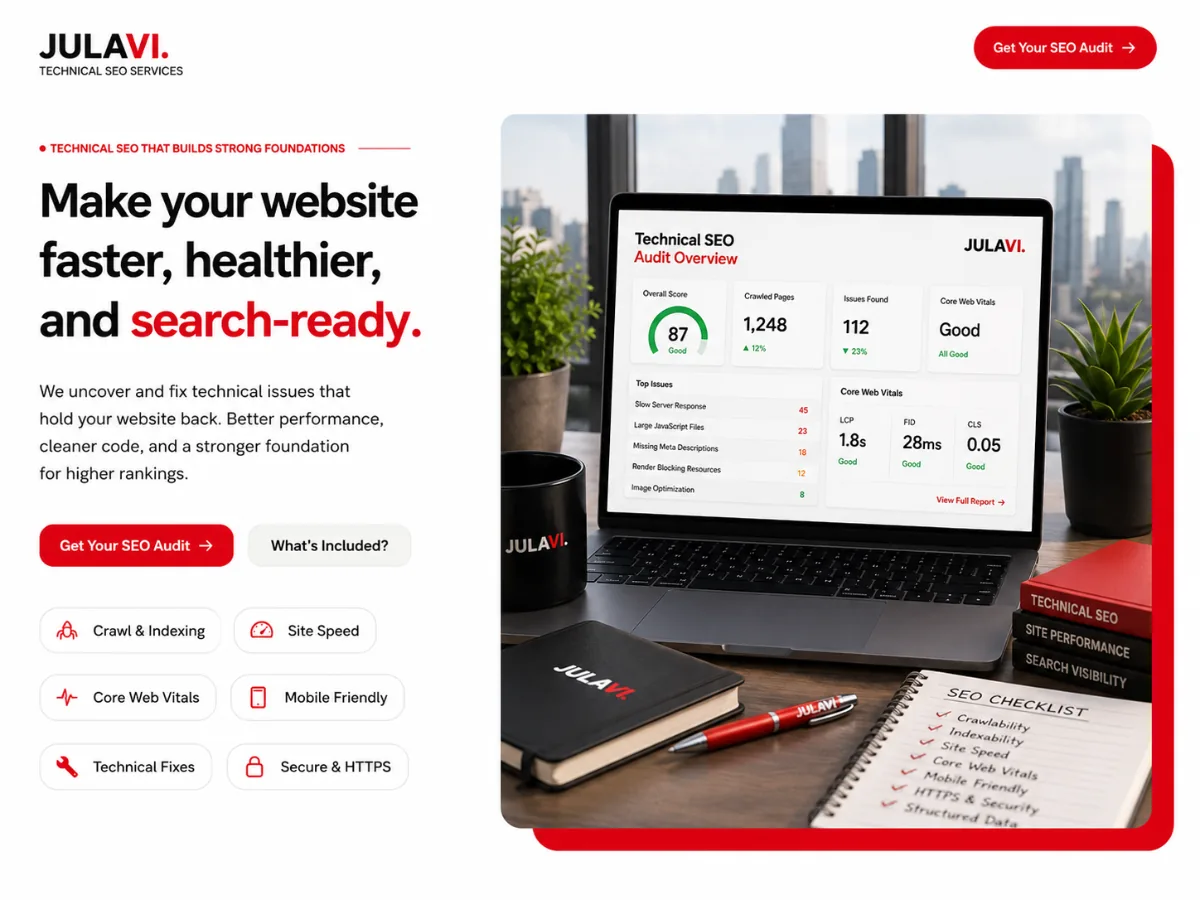 Technical SEO audit dashboard showing overall score, crawled pages and Core Web Vitals