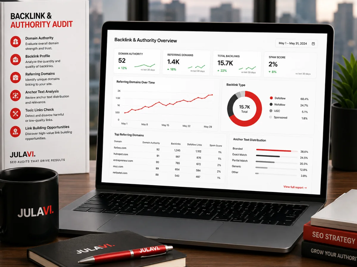 Backlink audit dashboard showing domain authority, referring domains and anchor text distribution