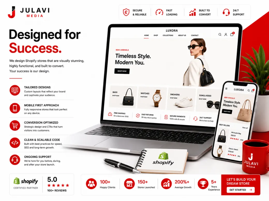 Laptop and phone showing a custom Shopify storefront with tailored design, mobile-first layout, and conversion-optimized product grid.