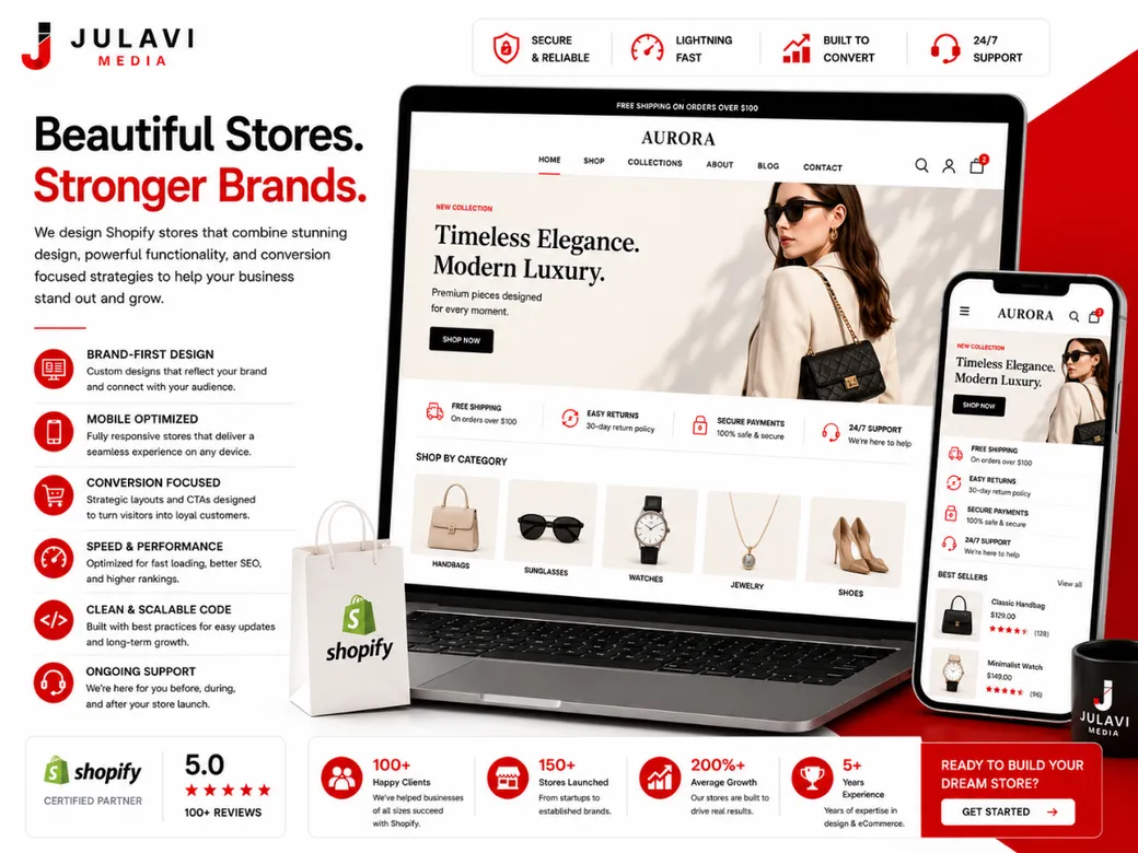 Laptop and phone showing a Shopify storefront with a secure payments and easy returns trust bar alongside conversion-focused category browsing.
