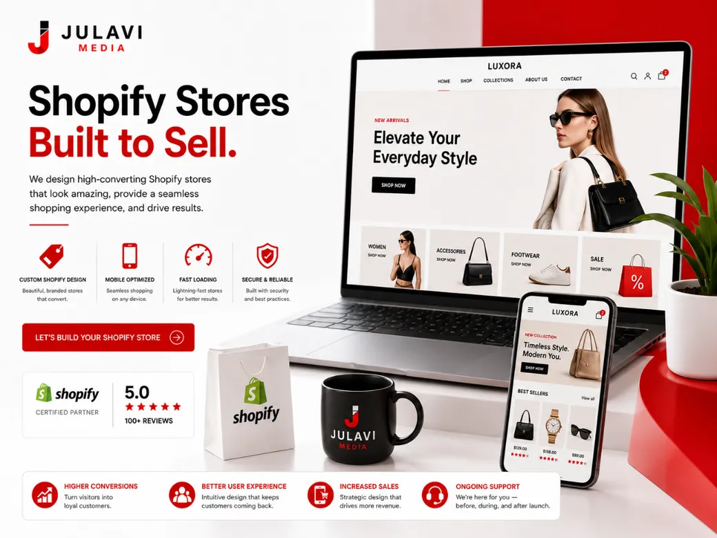 Laptop and phone displaying a Shopify fashion storefront with new arrivals, product categories, and a 5.0 Shopify certified partner rating badge.
