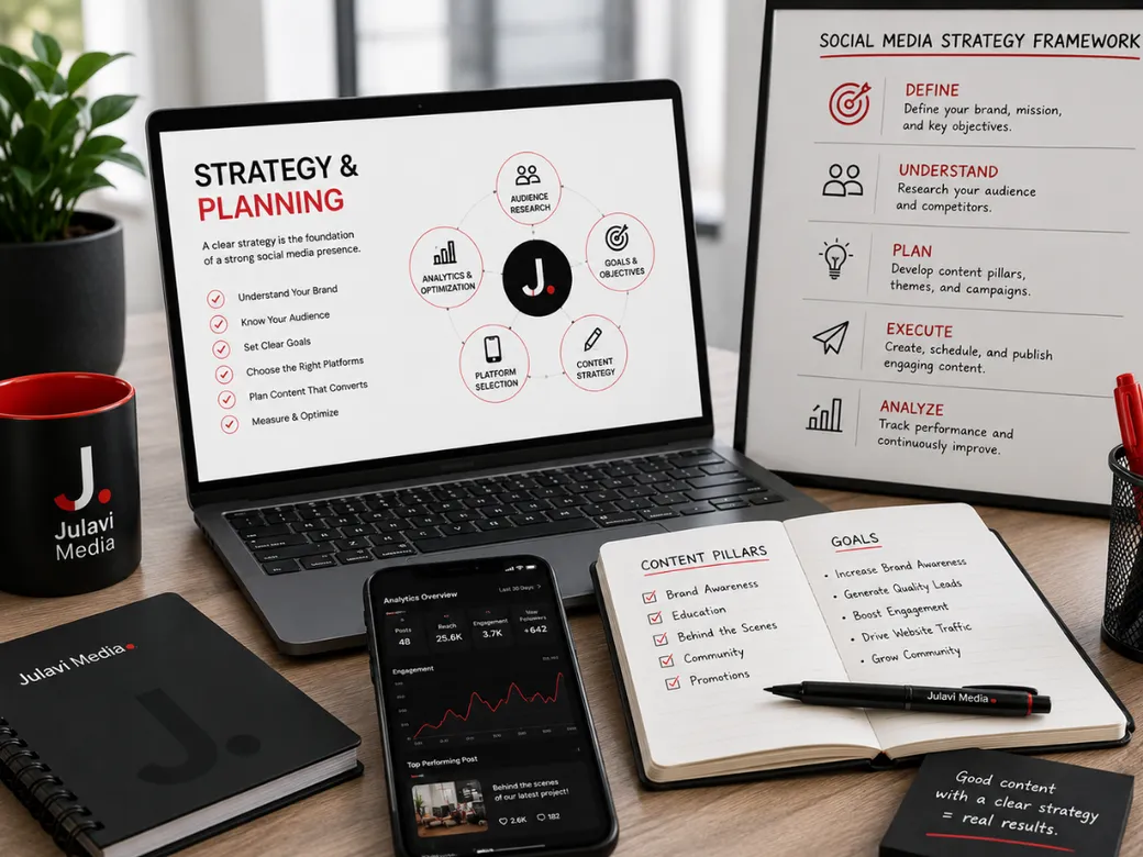 Laptop and phone showing a Strategy & Planning framework with audience research, goals, platform selection and content strategy