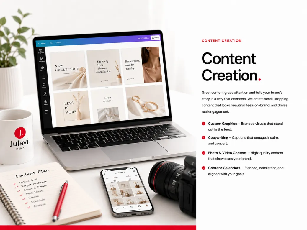 Laptop showing a Content Creation design tool with branded social media graphics and a content plan notebook