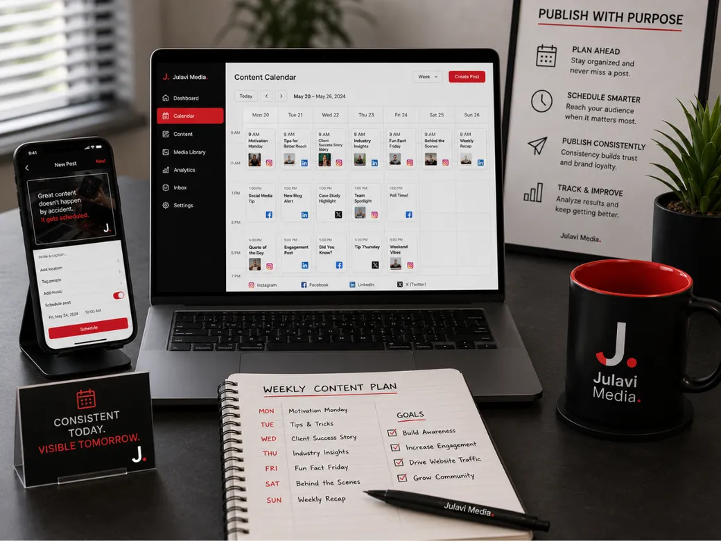 Laptop and phone showing a content calendar and scheduling app for publishing posts across platforms