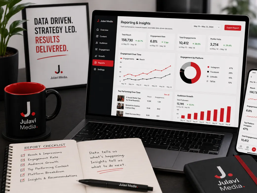 Laptop and phone showing a Reporting & Insights dashboard with total reach, engagement rate and audience growth