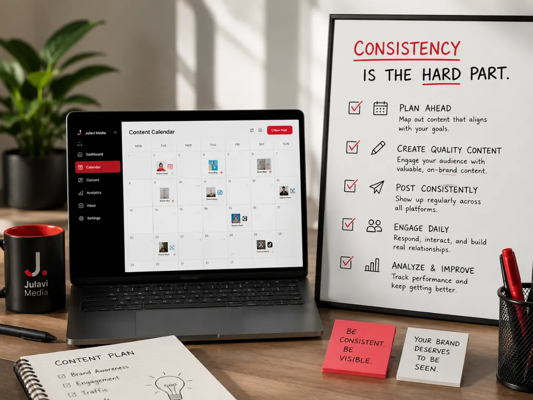 Laptop and whiteboard reading Consistency Is The Hard Part, with a content calendar and consistency checklist