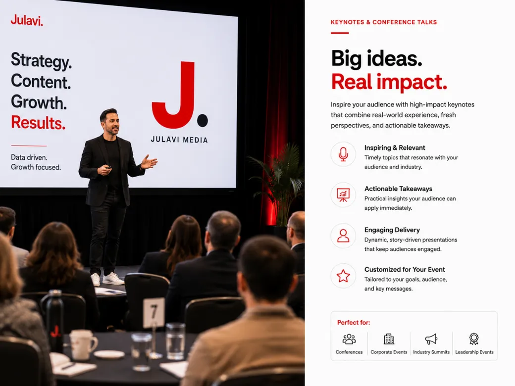A speaker presenting on stage at a conference to a seated audience, with a screen reading Strategy, Content, Growth, Results