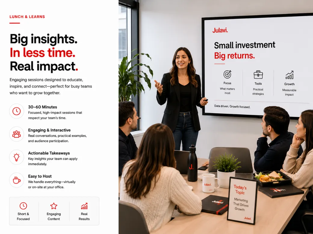 A presenter leading a lunch-and-learn session with a team eating lunch around a table, screen reading Small Investment Big Returns