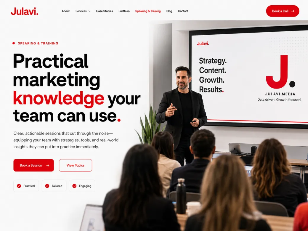 A speaker presenting to a seated audience in front of a screen reading Strategy, Content, Growth, Results with the Julavi Media logo