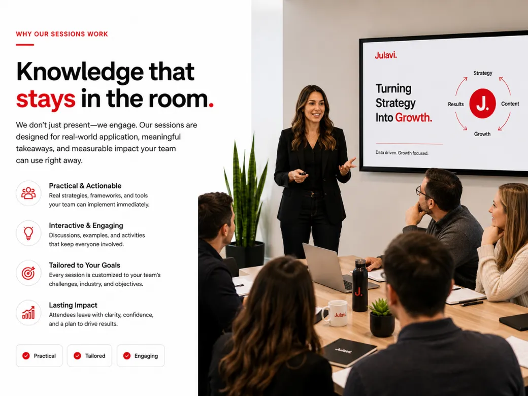 A presenter speaking to a small team around a boardroom table in front of a screen reading Turning Strategy Into Growth