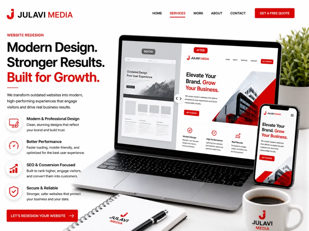 Before and after website redesign slider showing the migration from an old outdated site to a modern rebuilt homepage