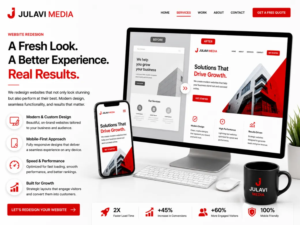 Before and after website redesign slider showing an outdated grey homepage transformed into a modern red-and-black Julavi Media design