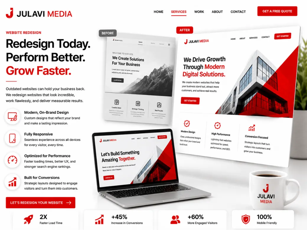 Before and after website redesign slider showing an outdated stock homepage transformed into a modern growth-focused design