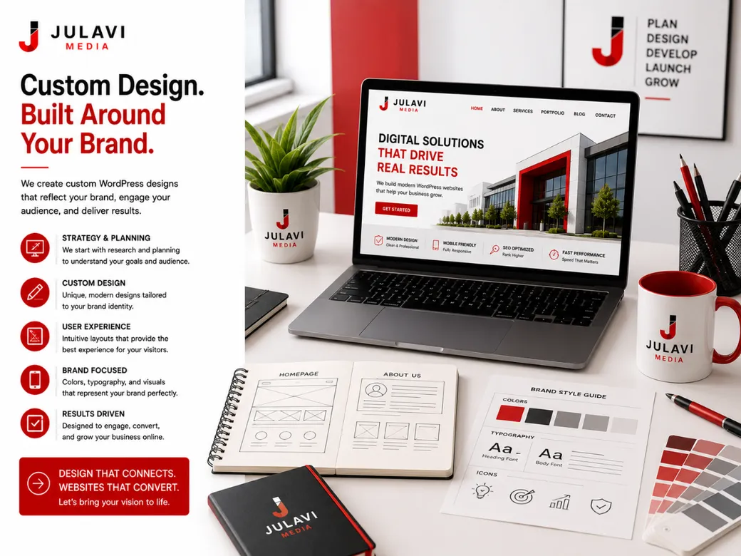 Laptop showing a custom WordPress homepage design next to wireframes and a brand style guide with colors and typography