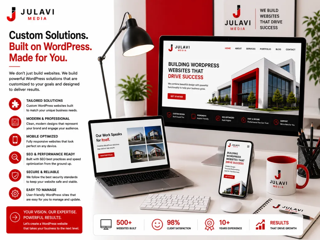 Laptop and phone showing a custom WordPress homepage with a portfolio grid, illustrating an easy-to-manage tailored solution