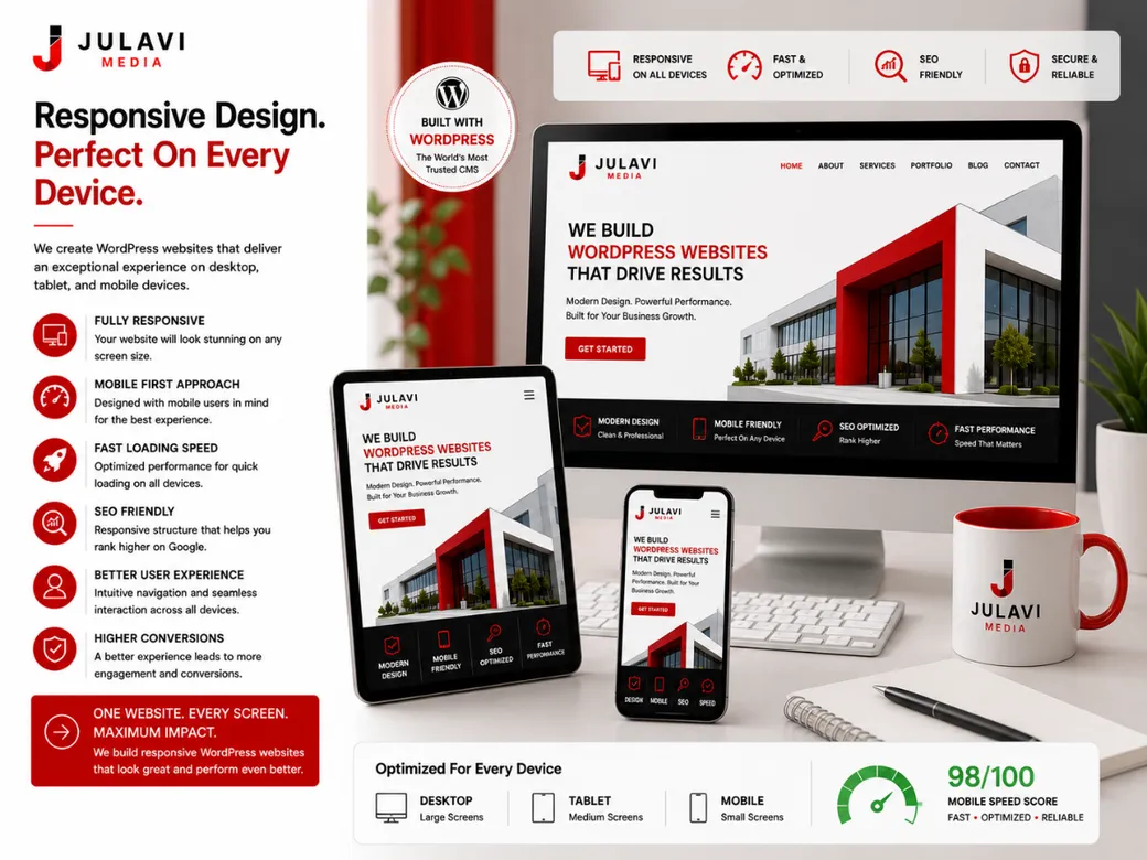 Desktop, tablet and phone showing a responsive WordPress website with an SEO-friendly, fast-loading badge