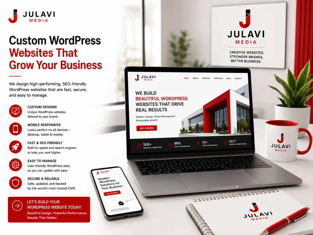 Laptop and phone showing a custom WordPress homepage for a business, with the Julavi Media brand board behind it