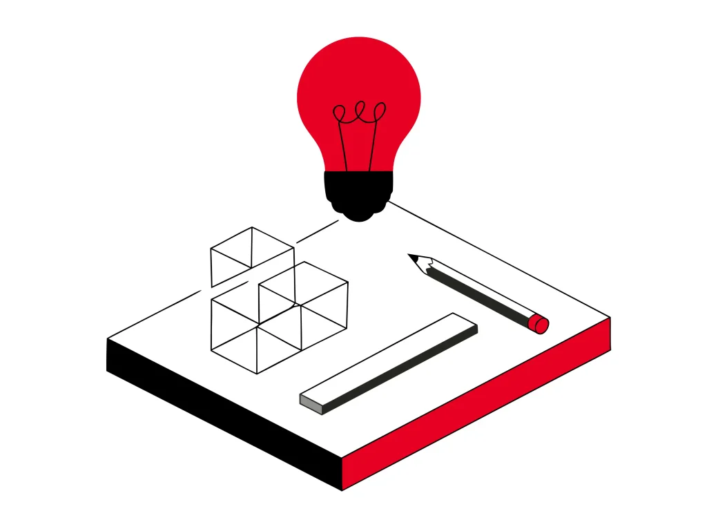 Isometric illustration of a glowing lightbulb idea above wireframe sketches and a pencil