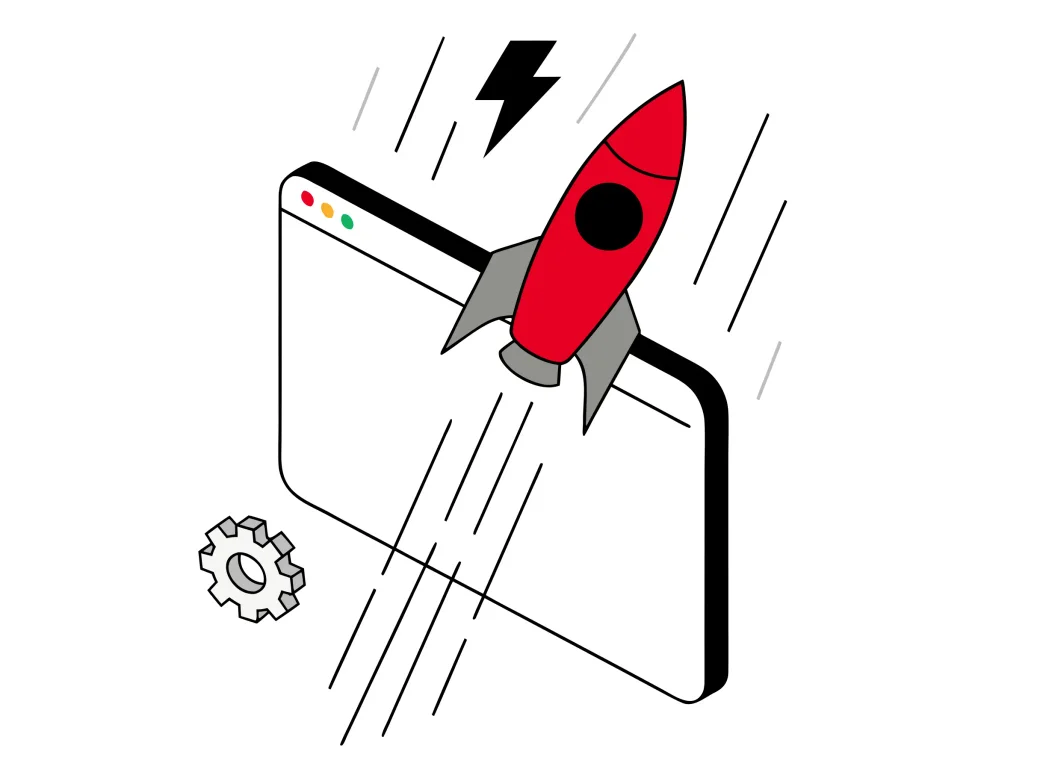 Isometric illustration of a rocket launching out of a browser window with speed motion lines