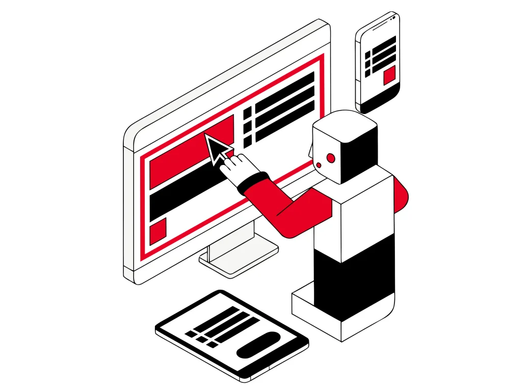 Isometric illustration of a designer working on a website layout across desktop, tablet and phone for a Markham business