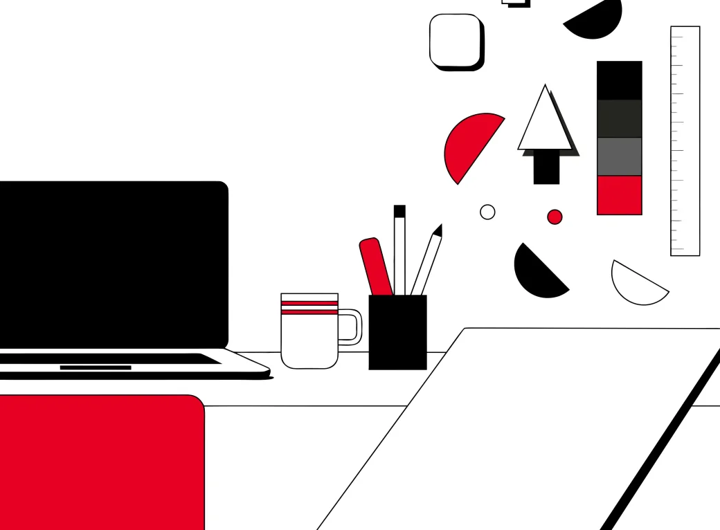 Isometric illustration of a designer's desk with a colour palette, pen tool and brand shapes