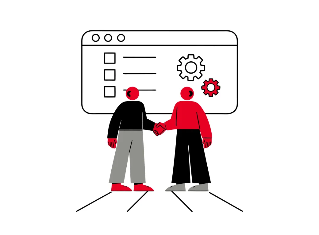 Isometric illustration of two people shaking hands in front of a browser window with a checklist