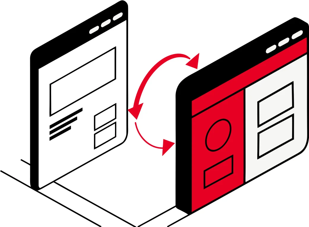 Isometric illustration of an outdated browser window transforming into a modern one via a refresh arrow