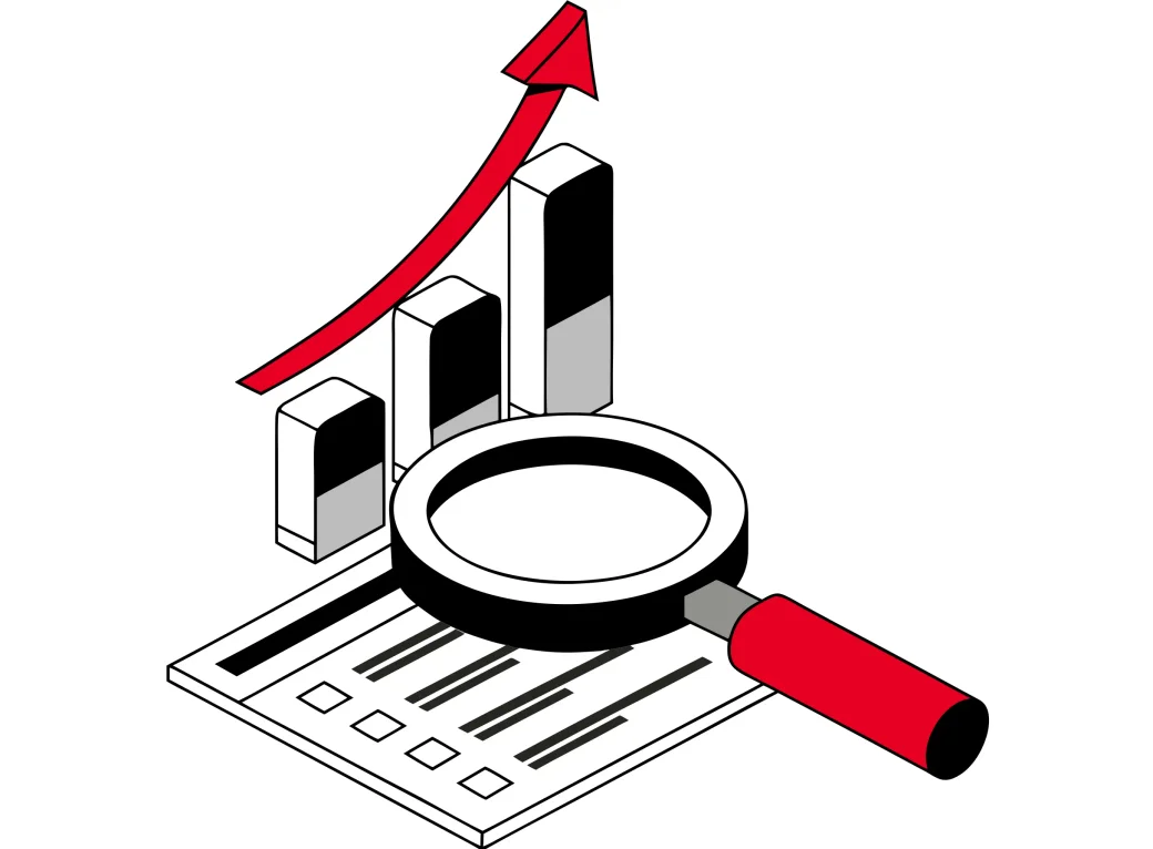 Isometric illustration of a magnifying glass over search results with an upward ranking chart