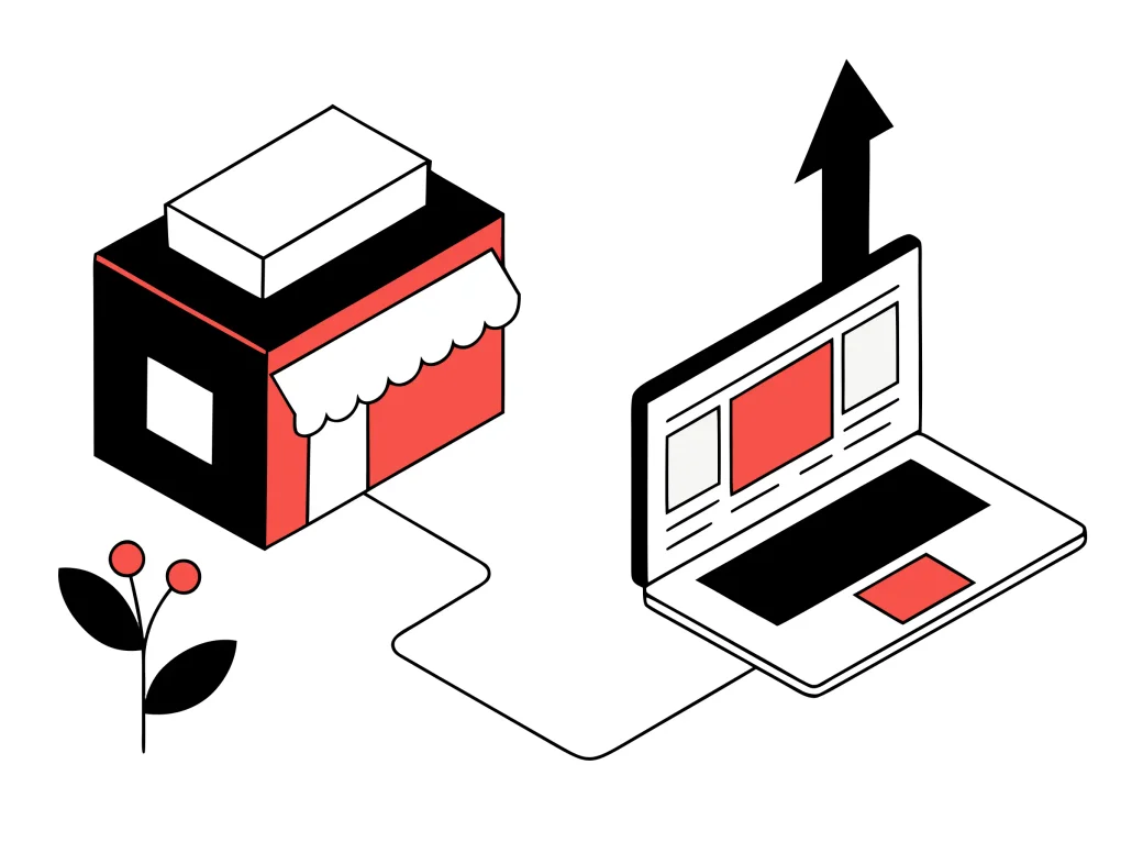 Isometric illustration of a small storefront connected to a laptop displaying a website, with a growth arrow