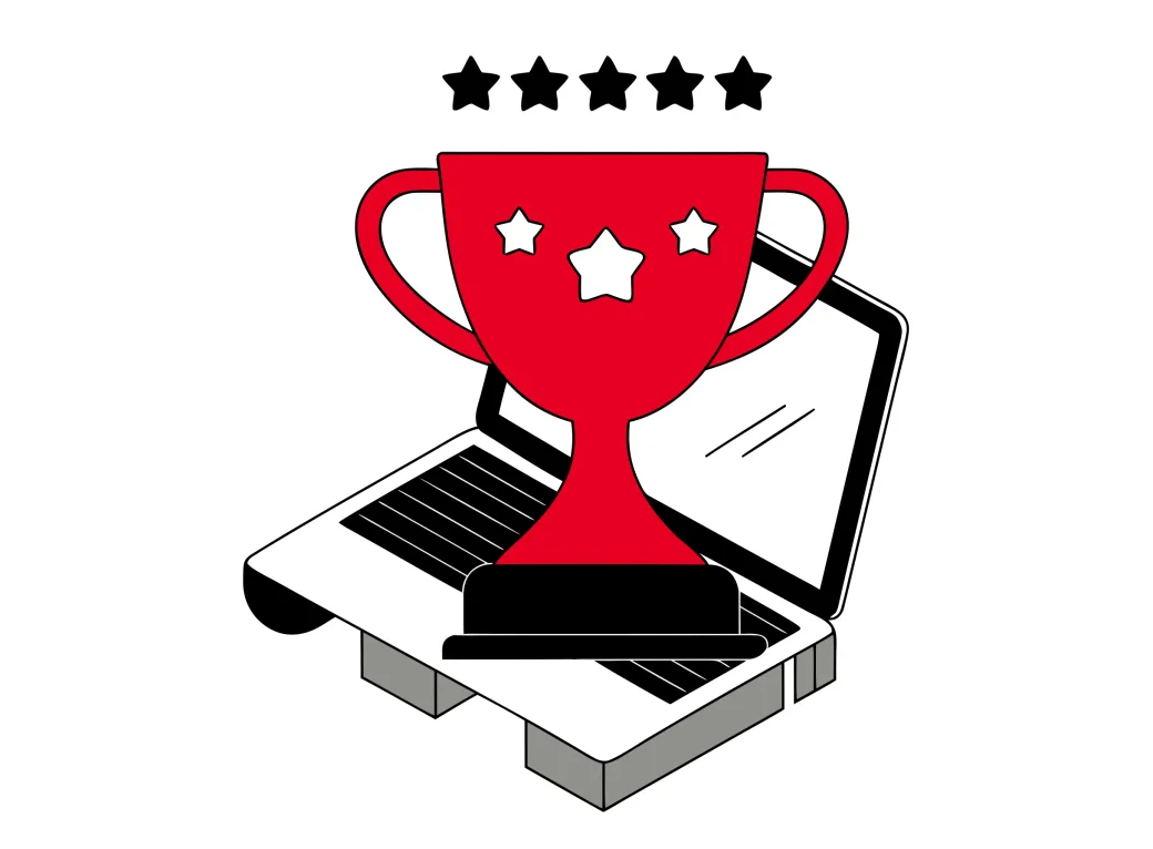 Isometric illustration of a trophy with a five-star rating above a laptop screen